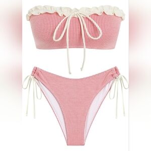 ZAFUL Pink Gingham Bandeau Bikini Set Ruffle Strapless Tie Sides Size 8 NWT